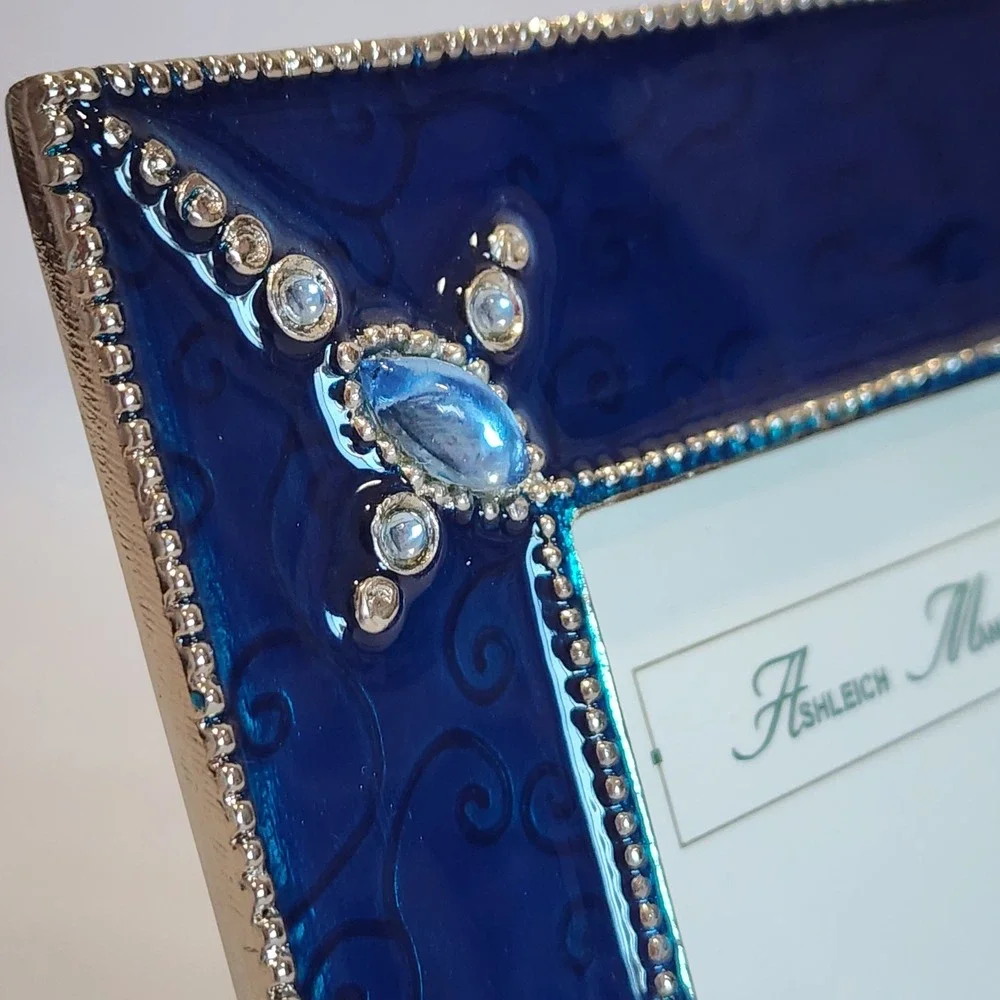 Ashleigh Manor Navy Blue Enamel Rhinestone 3x3 Picture Frame Scroll Silver Tone